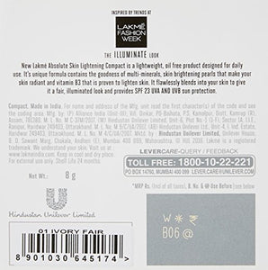 Lakme Perfect Radiance Skin Lightening Compact Powder, Ivory Fair 01, SPF 23 Matte Oil Control Face Makeup - Sheer Foundation Powder, 8 g