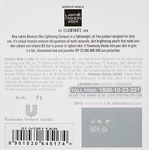 Lakme Perfect Radiance Skin Lightening Compact Powder, Ivory Fair 01, SPF 23 Matte Oil Control Face Makeup - Sheer Foundation Powder, 8 g