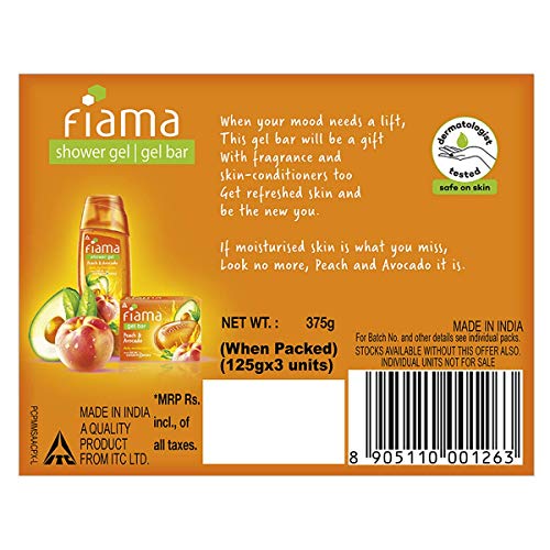 Fiama Gel Bar Peach and Avocado for moisturized skin, with skin conditioners, 125 g soap (Pack of 3)