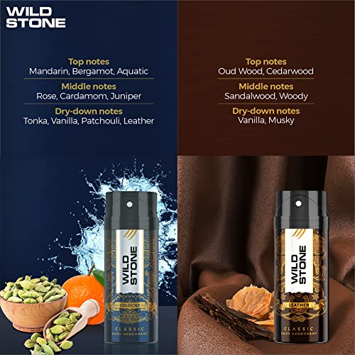 Wild Stone Classic Cologne and Leather Long Lasting Deodorants for Men, Pack of 2 (225ml each)