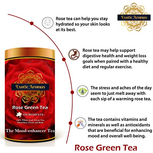 Exotic Aromas Rose Green Tea (200 G Serves 100 cups), with rose petals for good skin, hair, soothes menstrual cramps and weightloss