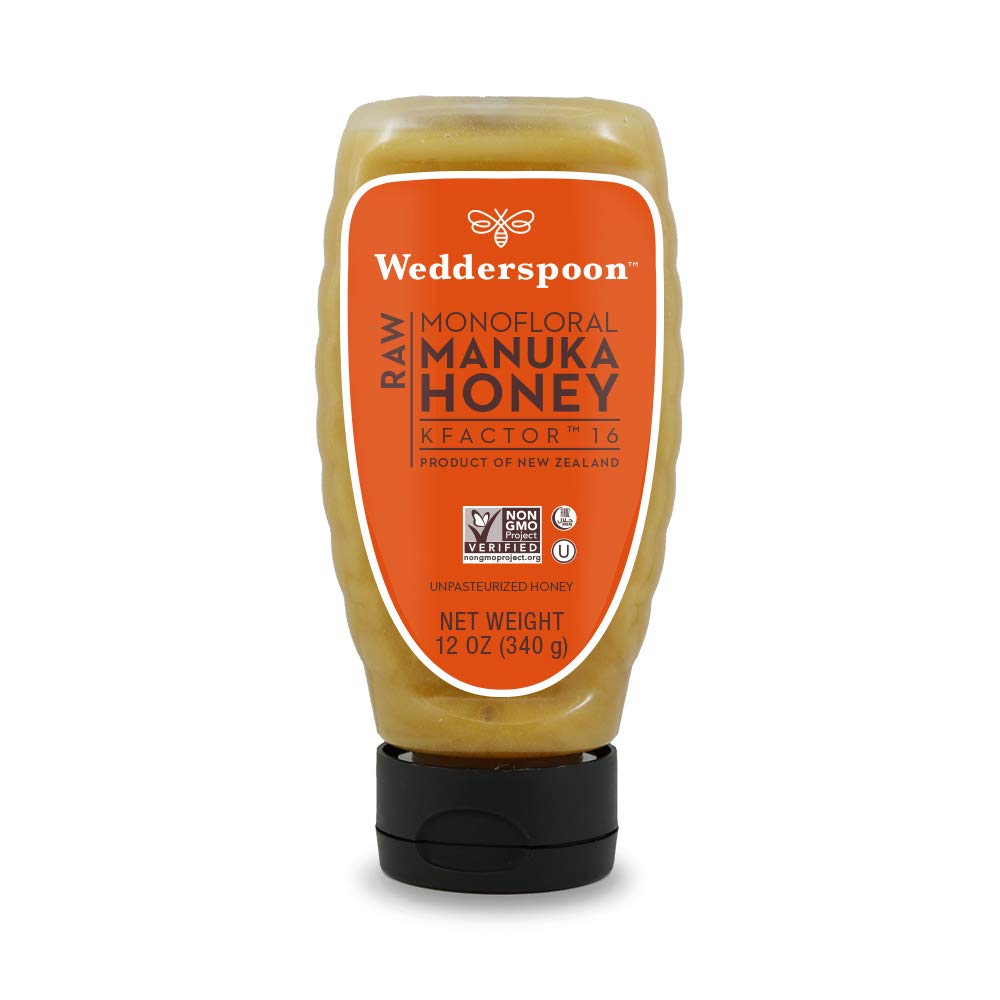 Wedderspoon Raw Premium Manuka Honey, KFactor 16, 12 Oz, Unpasteurized, Genuine New Zealand Honey, Multi-Functional, Non-GMO Superfood, Traceable from Our Hives to Your Home, Convenient Squeeze Bottle
