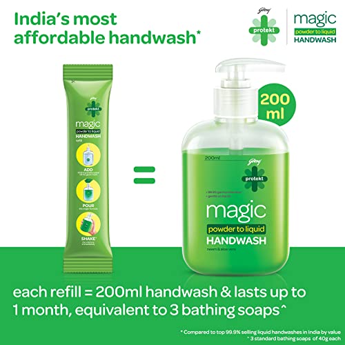 Godrej Protekt magic Powder-To-Liquid Handwash - Bottle + 15 Refills | 135g (Makes 3 Litres)