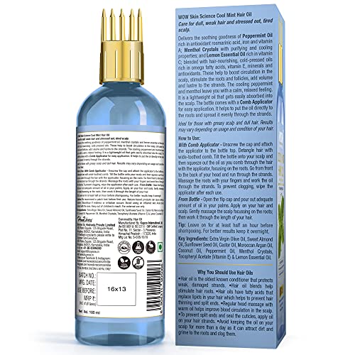 WOW Skin Science Cool Mint Hair Oil - with Comb Applicator - Non Sticky & Non Greasy - for All Hair Types - No Mineral Oil, Silicones, Synthetic Fragrance - 100mL
