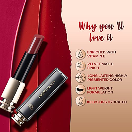Faces Canada Velvet Matte Lipstick, Smooth one stroke intense color, Soft Matte finish, Enriched with Vitamin E, Hydrated lips all day, Brown Lip Color, Serenity Brown, 3.5 gm