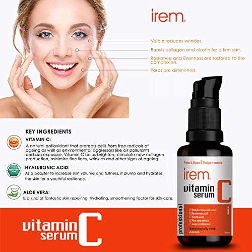 Irem Vitamin C Serum for face with Hyaluronic acid, Ferulic acid, Aloe vera and Grape seed extract, 30ml