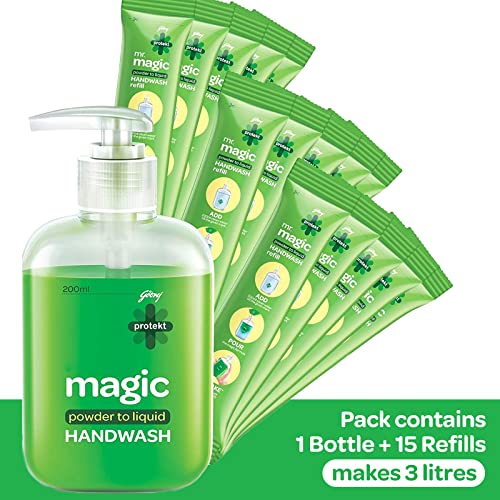 Godrej Protekt magic Powder-To-Liquid Handwash - Bottle + 15 Refills | 135g (Makes 3 Litres)