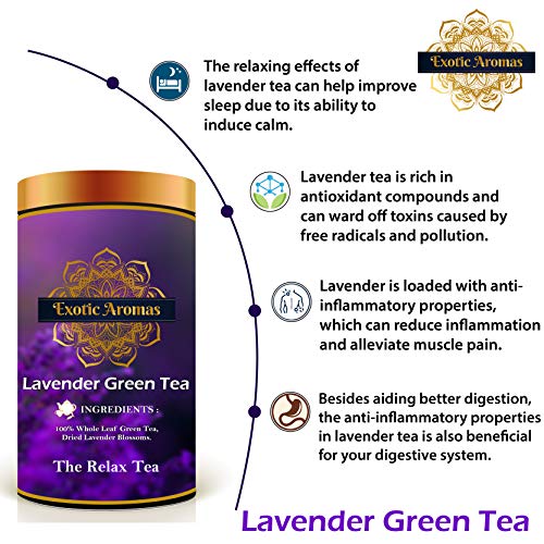 Exotic Aromas Lavender Green Tea (100 G, serves 50 cups), 100 % Whole Leaf Green tea for stress relief, good sleep and relaxation