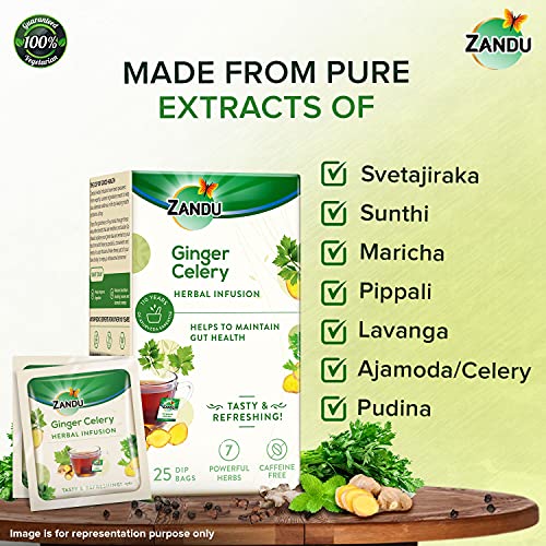 Zandu Ginger Celery Herbal Infusion, a Herbal Tea Enriched with Ayurvedic Ingredients (25 Tea Bags)