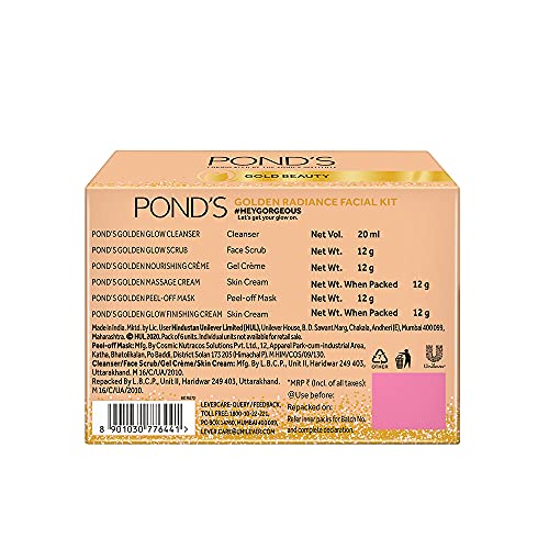 Pond’s Golden Radiance Facial Kit, 24K Pure Gold, Golden Glow At Home, Youthful Glow, Instant Glow, In Just 6 Easy Steps, 80 g