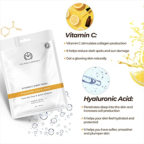 The Man Company Vitamin C Sheet Mask with Hyaluronic Acid & Lemon | Boosts Collagen, Brightening | Improves Skin Tone, Deep Cleanses & Removes Excess Oil - 25ml*2