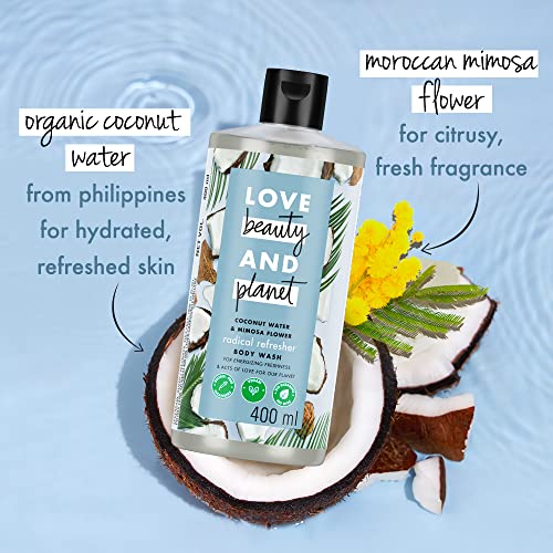 Love Beauty & Planet Refreshing Body Wash 400 ml, with Coconut Water & Mimosa Flower Aroma, Hydrating Sulphate Free, Paraben Free - Liquid Shower Gel