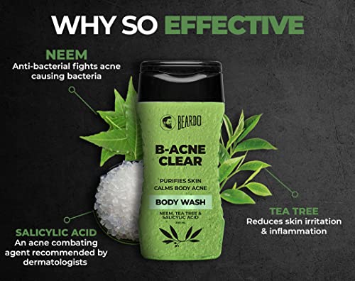 Beardo B-Acne Clear Body Wash for Men 200 ml | With Neem, Tea Tree and Salicylic Acid | Clean Clear Skin | For Body Acne and Skin Purification