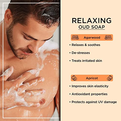 The Man Company Relaxing Oud Bath Soap Bar with Agarwood & Apricot ( Combo Pack of 4 ) for Long-Lasting Freshness | Glowing, Soft & Supple Skin | Refreshing Fragrance | All Skin Types-100gm-BUY 3 GET 1 FREE