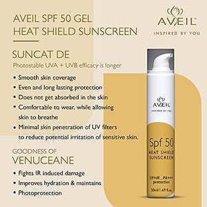 AVEIL Heat Shield Gel Sunscreen SPF 50 | Normal, Oily or Acne Prone Skin | Paraben & Paraffin free | Sun Protector With UV+IR & PA+++ | Dermatologically Tested For All Skin Types | 50 ml