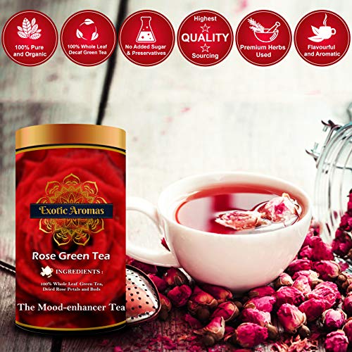 Exotic Aromas Rose Green Tea (200 G Serves 100 cups), with rose petals for good skin, hair, soothes menstrual cramps and weightloss