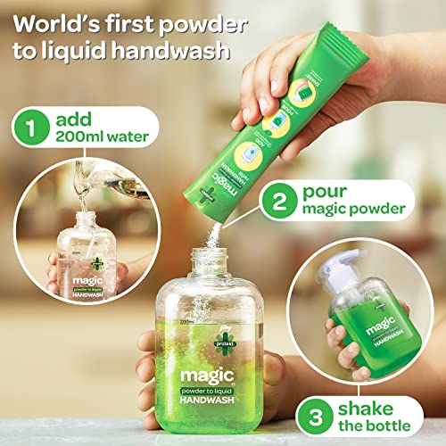 Godrej Protekt magic Powder-To-Liquid Handwash - Bottle + 15 Refills | 135g (Makes 3 Litres)