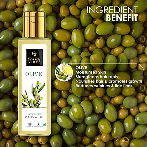 Good Vibes 100% Pure Olive Cold Pressed Carrier Oil For Hair & Skin, 100 ml Helps Strengthen Hair Roots, Deeply Moisturizes Skin, Helps Reduce Wrinkles & Fine Lines, No Alcohol, Parabens & Sulphates