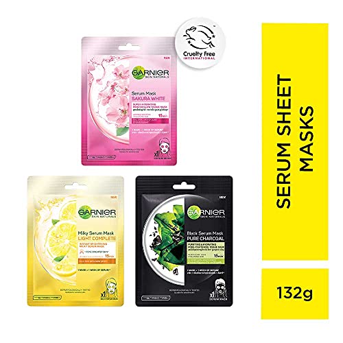 Garnier Serum Masks, 86g - (Light Complete 30g x 1 Pack + Sakura Glow 28g x 1 Pack + Pure Charcoal 28g x 1 Pack) (Gross Weight 128g)