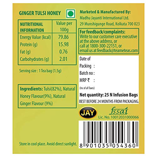 TE-A-ME Charge Ginger Tulsi Honey Herbal Infusion Tea, 25 Infusion Tea Bags | 100% Caffeine Free
