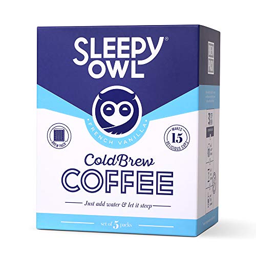 Sleepy Owl Coffee French Vanilla Cold Brew Packs | Set of 5 Packs - Makes 15 Cups |3 Step Brew - No Equipment Required | 100% Arabica Beans - Sourced Directly from Farms