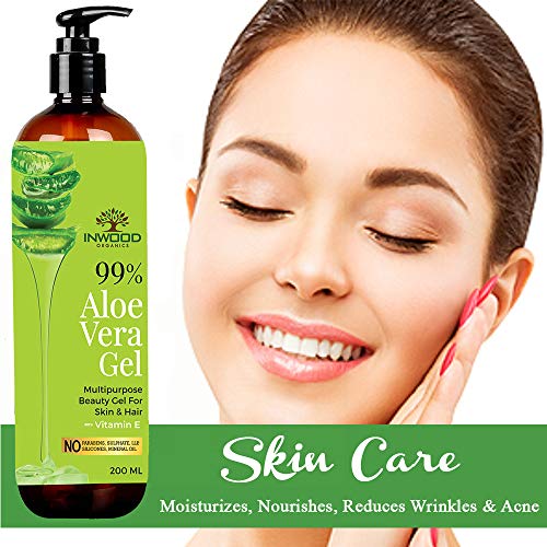 Inwood Organics 99% Pure & Organic Aloe Vera Gel for Face, Skin and Hair with Vitamin E | For All Skin & Hair Types | Multi-purpose Aloe Vera gel | 100% Vegan | Paraben Free - 200 ml