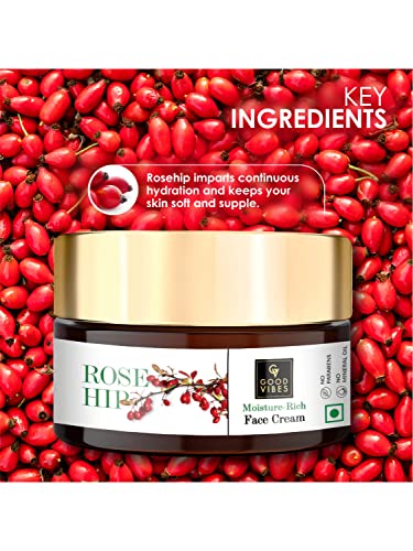 Good Vibes Rosehip Moisture-Rich Face Cream, 50 g Skin Moisturizing Hydrating Light Weight Formula, Soothes & Exfoliates Skin, Natural, No Parabens & Sulphates, No Animal Testing