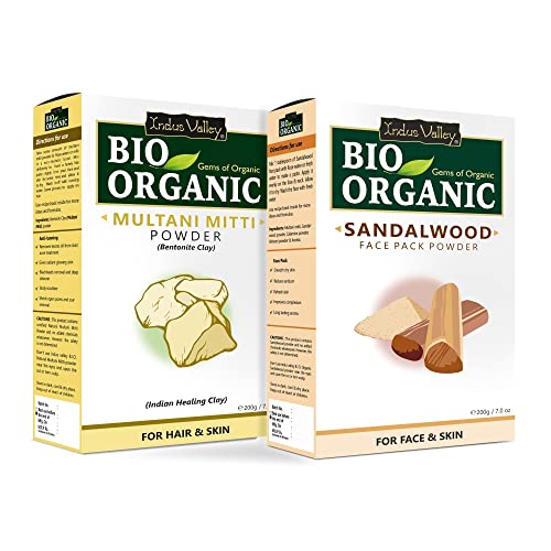 INDUS VALLEY Bio Organic Multani Mitti Powder | Healing Clay | Bentonite Clay & Sandalwood Face Pack Powder (200g + 200g=400g)
