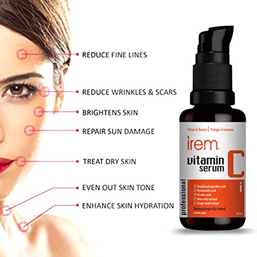 Irem Vitamin C Serum for face with Hyaluronic acid, Ferulic acid, Aloe vera and Grape seed extract, 30ml