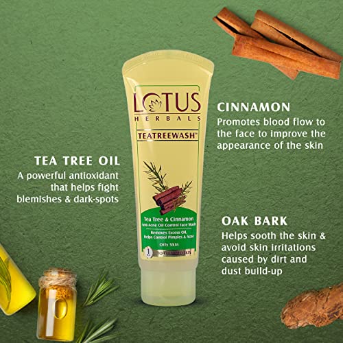 Lotus Herbals Teatreewash Face Wash | with Tea Tree Oil & Cinnamon | Anti Acne | Oil Control | For Oily Skin | 120ml