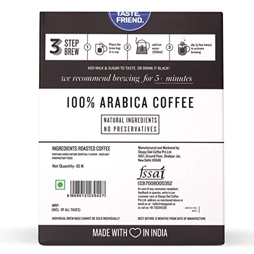 Sleepy Owl Coffee Hazelnut Hot Brew Bags | Set of 10 Bags - Makes 10 Cups |5 Minute Brew - No Equipment Required | 100% Arabica Beans - Sourced Directly from Farms