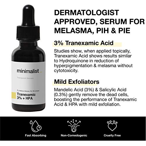 Minimalist 3% Tranexamic Acid Face Serum for Melasma, Pigmentation, Erythema & Acne Scars | Face Serum with HPA to Remove Melasma & Post Inflammatory Hyperpigmentation or Erythema (PIH & PIE) | 30 ml