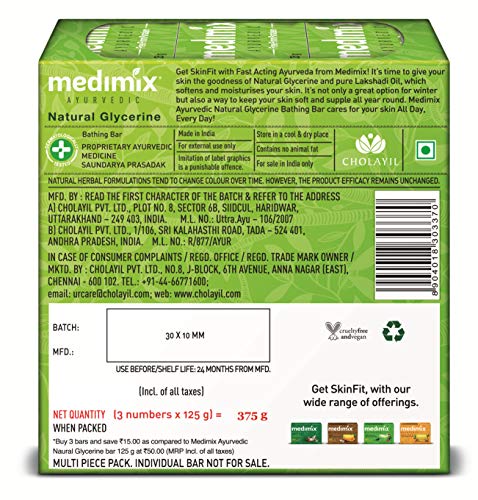 Medimix Ayurvedic Natural Glycerine Bathing Bar, 125 g (Pack of 3)