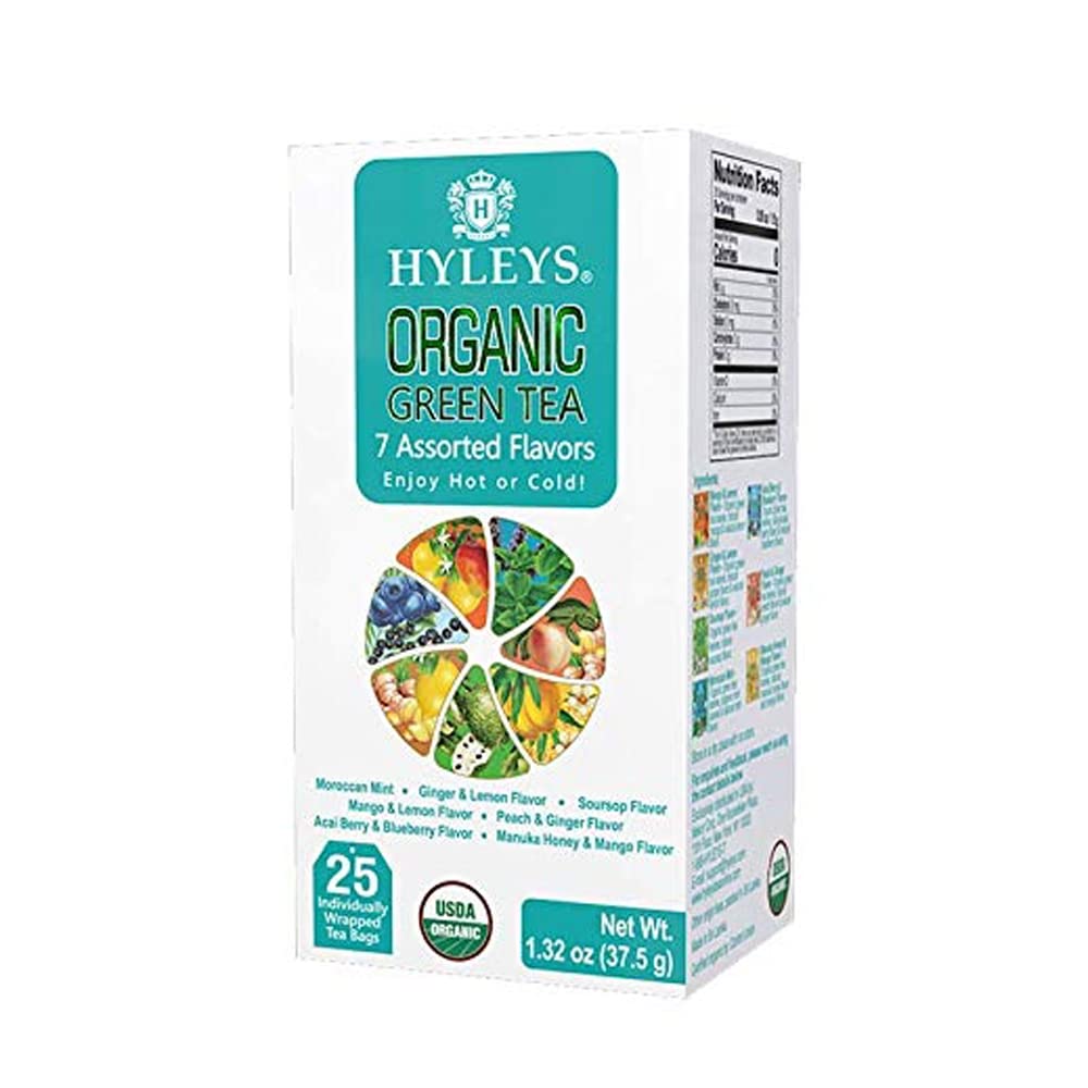 HYLEYS Tea Organic Green Tea 7 Flavor Assorted - 25 Tea Bags (1 Pack)