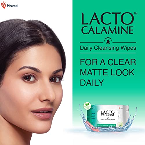 Lacto Calamine Daily Cleansing Face Wipes with Aloe Vera, Cucumber and Vitamin E, White, Pack of 2, 50 Count