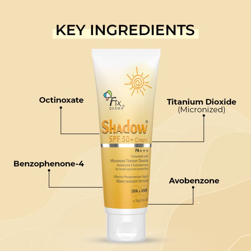 Fixderma shadow SPF 50+ cream, Offers PA+++ Protection, Broad spectrum UV Protection, Provides Moisturization, Water resistant and Non-greasy sunscreen, Suitable for all skin types - 75gm