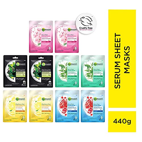 Garnier Skin Naturals Face Serum Sheet Mask (2 Each Of Light Complete, Charcoal, Sakura, Hydrabomb and Hydrabomb ) 421g (Pack of 10)