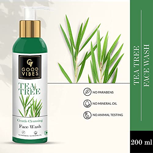 Good Vibes Tea Tree Gentle Cleansing Face Wash, 200 ml | Soothing, Moisturizing, Anti Acne Face Cleanser For All Skin Types | Controls Sebum Production | No Parabens, No Mineral Oil
