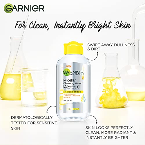 Garnier Micellar Water With Vitamin C, 125ml | Garnier Micellar Cleansing Water | One Swipe Makeup Remover | For Dull and Sensitive Skin | Removes Makeup + Brightens Skin
