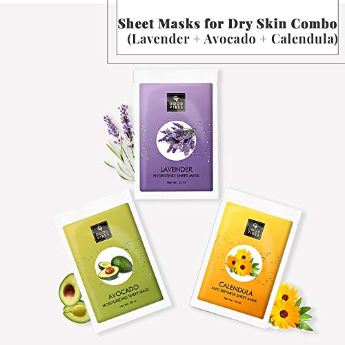 Good Vibes Sheet Masks for Dry Skin Combo (Lavender + Avocado + Calendula)