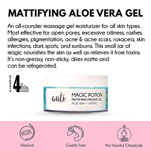 Auli Magic Potion Mattifying Anti-Acne Scar Removing Anti-Tan Sweat Proof Cooling Aloe Vera and Turmeric Gel for All Skin Types - 60gm