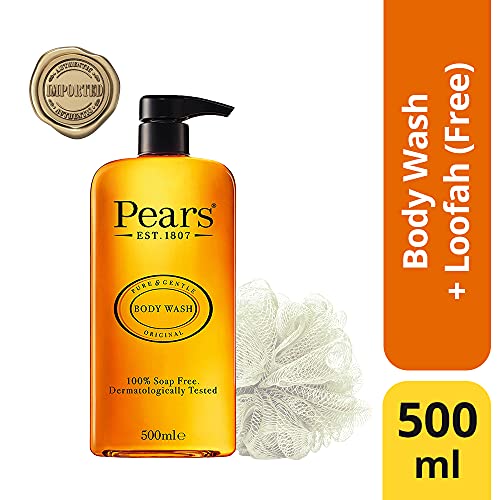 Pears Pure & Gentle Original Body Wash With Glycerin, Dermatogically Tested, 100% Soap Free Shower gel,Imported,500 ml (Free Loofah)