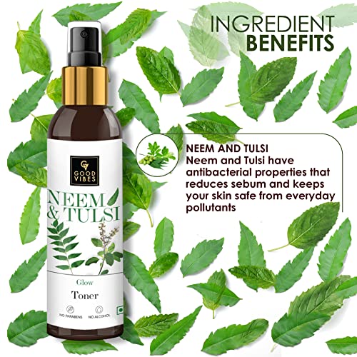 Good Vibes Neem & Tulsi Glow Toner 120 ml, Hydrating Light Weight Face Spray Toner for Acne Prone Skin, Suited for All Skin Types, Natural, No Alcohol, Parabens & Sulphates, No Animal Testing