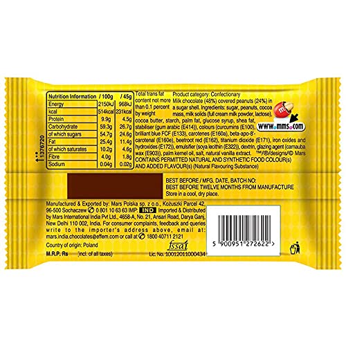 M & M MARS Peanut Milk Chocolate Pack of 6 Pouch, 6 x 45 g