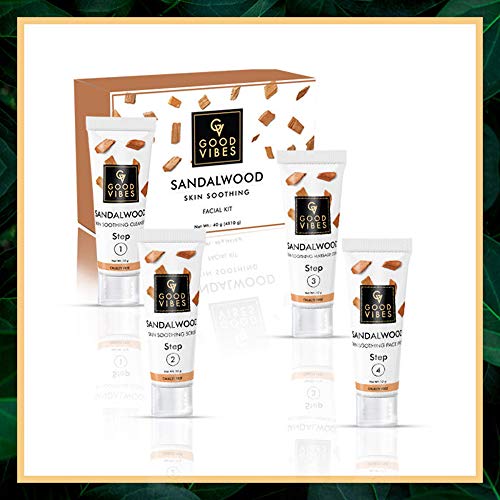 Good Vibes Sandalwood Skin Soothing Facial Kit - 4 Step Skin Care Includes Cleanser, Scrub, Cream and Pack - 10 g each - Cruelty Free