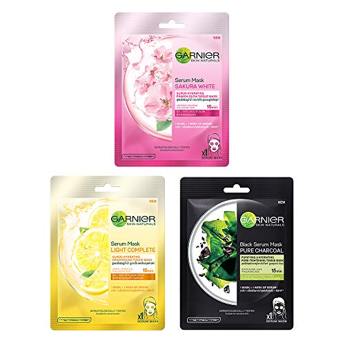 Garnier Serum Masks, 86g - (Light Complete 30g x 1 Pack + Sakura Glow 28g x 1 Pack + Pure Charcoal 28g x 1 Pack) (Gross Weight 128g)