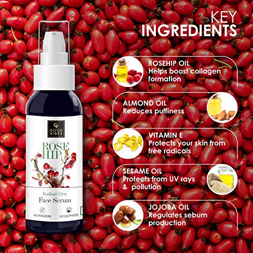 Good Vibes Rose Hip Radiant Glow Face Serum, 50 ml Light Weight Non Greasy Moisturizing Anti Ageing Formula For All Skin Types, Corrects Dark Spots, Natural, No Parabens & Sulphates, No Animal Testing