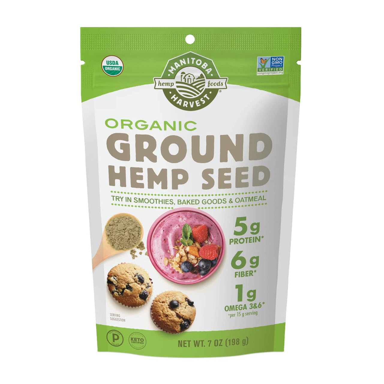 Manitoba Harvest Organic Ground Hemp Seed, 7 oz  5g Plant Based Protein, 6g of Fiber per Serving  Non-GMO Project Verified, Vegan, Keto, Paleo  Omega 3 & 6  Smoothies, oatmeal, use in baking