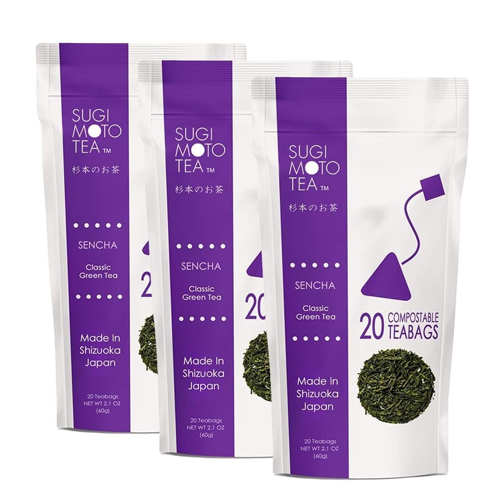 [Sugimoto Tea] Signature Sencha Fukamushi, ?????, Award-Winning Flavor Authentic Japanese Green Tea, Antioxidants, Caffeine, L-Theanine - 20 Compostable Pyramid Teabags, Resealable Pouch (20 Teabags x 3 Packs)