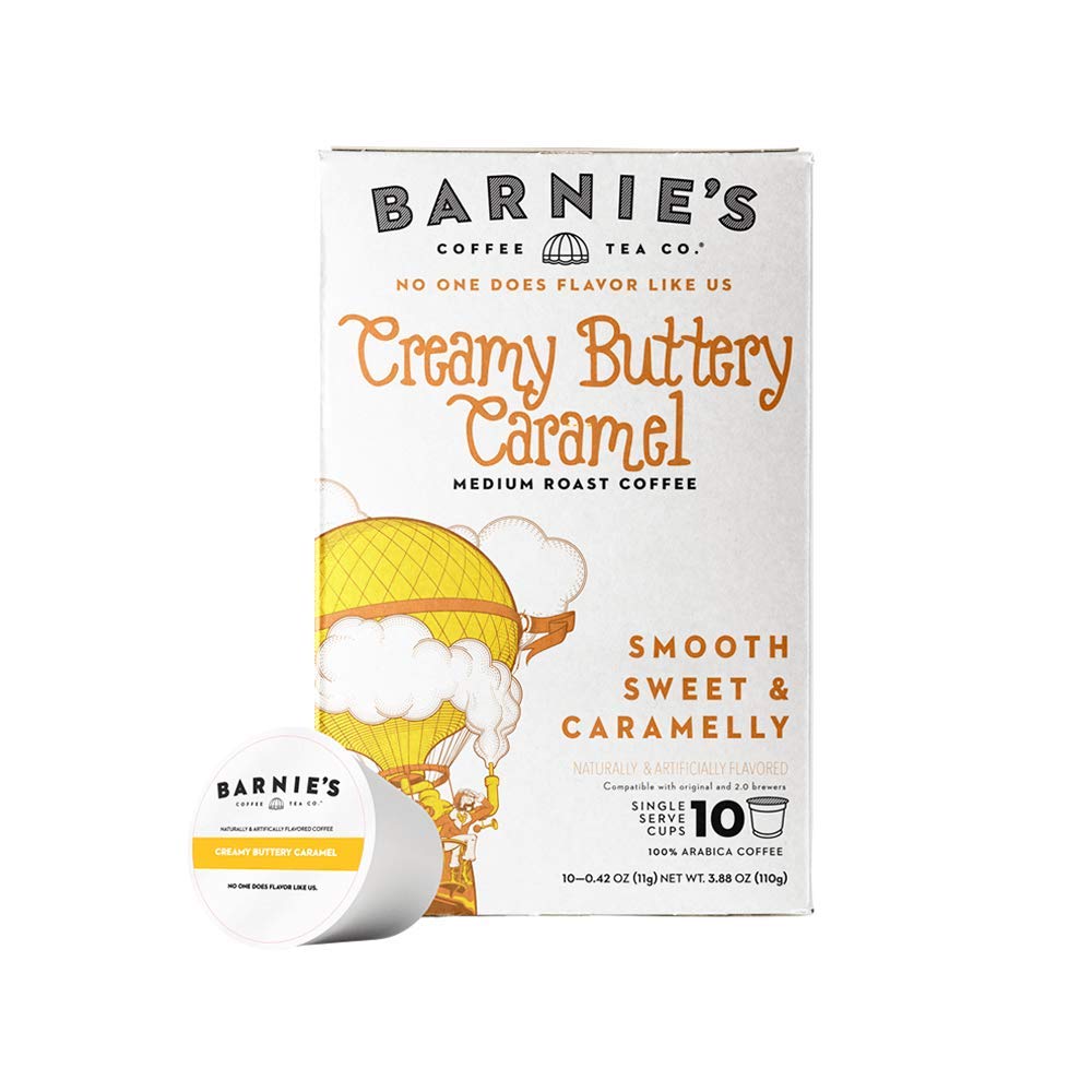 BARNIE's COFFEE TEA CO., Single Serve Pods and Smooth Flavor Gluten and Fat Free Medium Roast Compatible with Keurig Brewers, Creamy Buttery Caramel, 10 Count